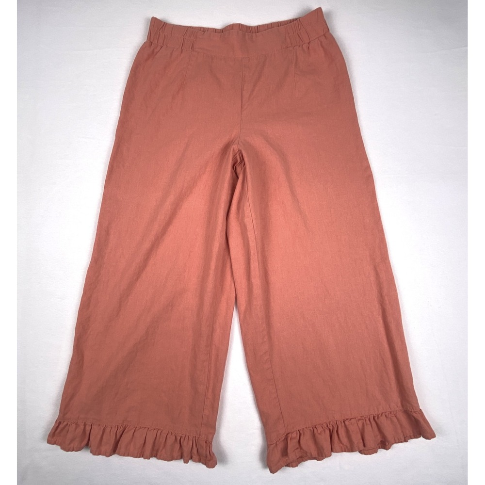 Cato Womens Linen Blend Wide Leg Ruffle Hem Cropped Pants Coral Pink Small